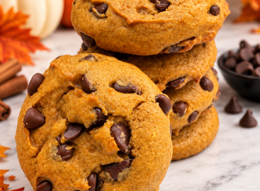 Pumpkin Chocolate Chip cookies stacked with chocolate chips from Lucille’s Baked Goods fall collection in Scottsdale, Arizona