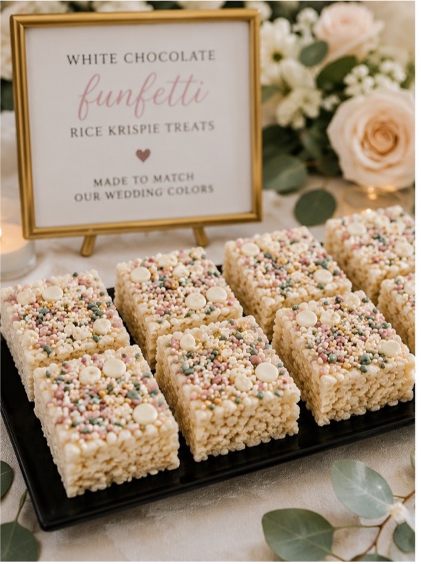 White Chocolate Funfetti Rice Krispie Treats customized with wedding colors for a Wedding Cookie Bar