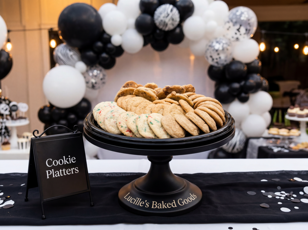 Assorted gourmet cookies displayed on a black serving platter by Lucille's Baked Goods, perfect for holiday parties, Thanksgiving gatherings, and special events in Scottsdale, Arizona.
