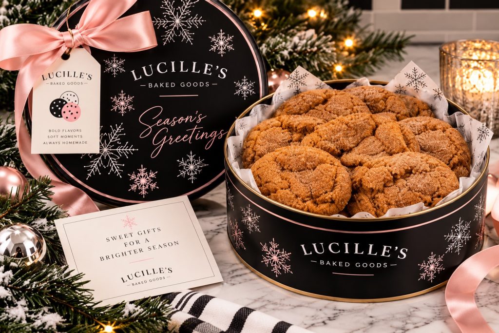 Holiday cookie gift tin from Lucille's Baked Goods featuring homemade cookies, elegant black packaging, pastel pink ribbon, and festive Christmas decorations.