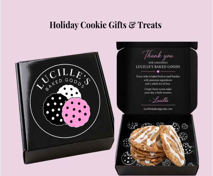 Lucille's Baked Goods holiday cookie gift boxes featuring black packaging, gourmet cookies, and pastel pink accents in Scottsdale, Arizona.